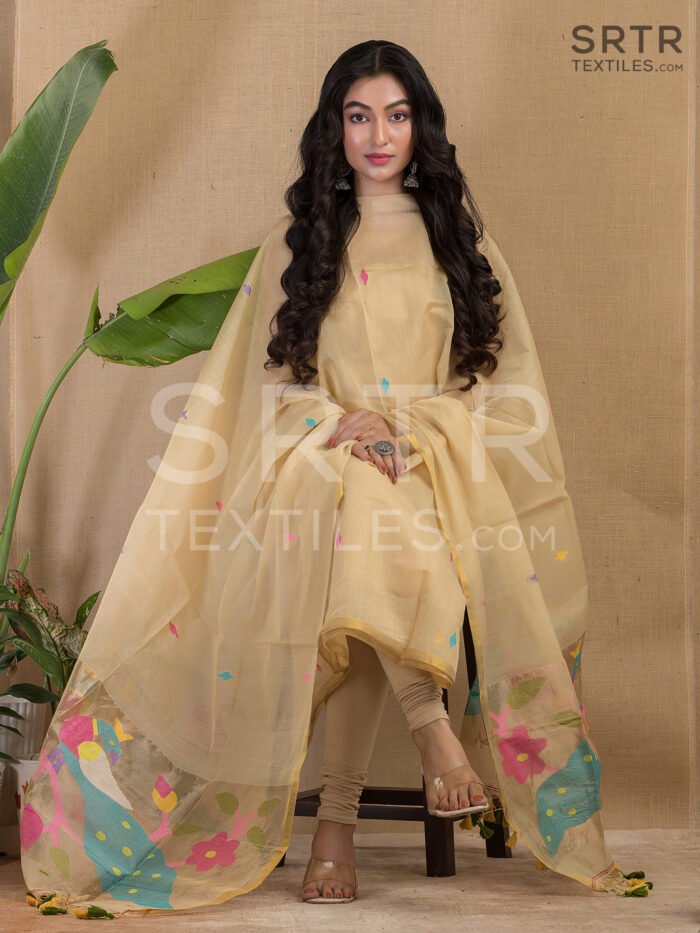 Muslin Unstitched Jamdani Suit – Elegant 2-Piece Set