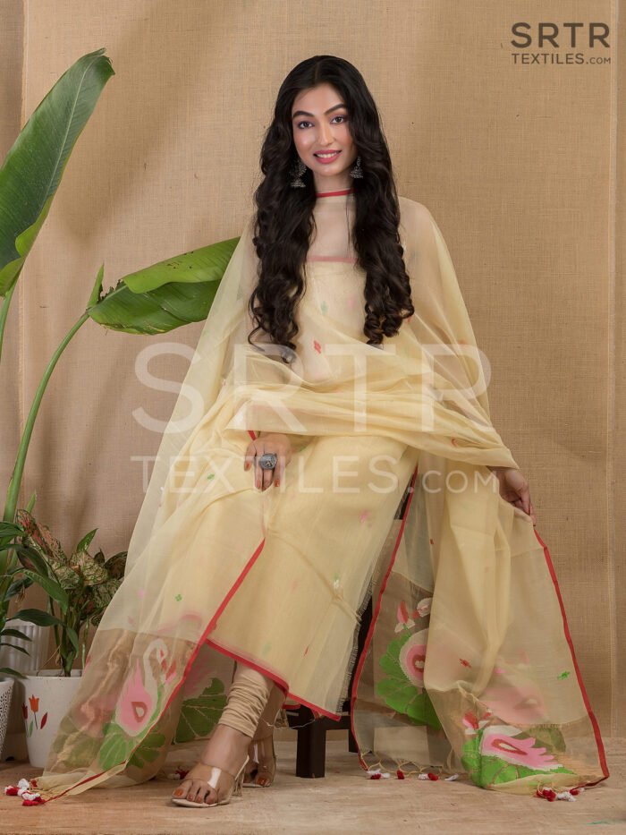 Muslin Unstitched Jamdani Suit – Elegant 2-Piece Set