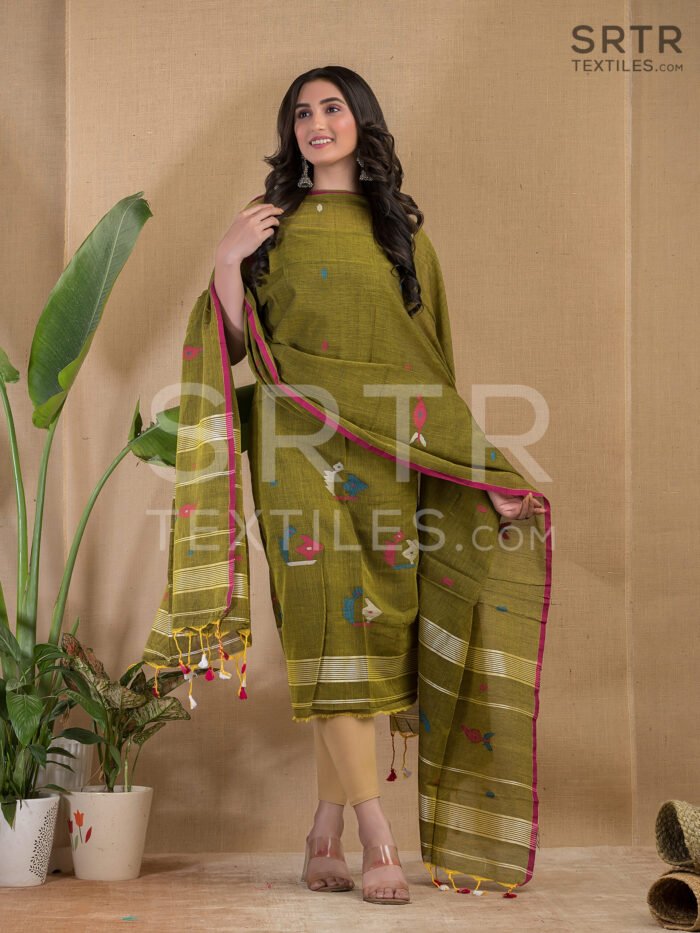 Cotton Unstitched Jamdani Suit Elegant 2-Piece Set