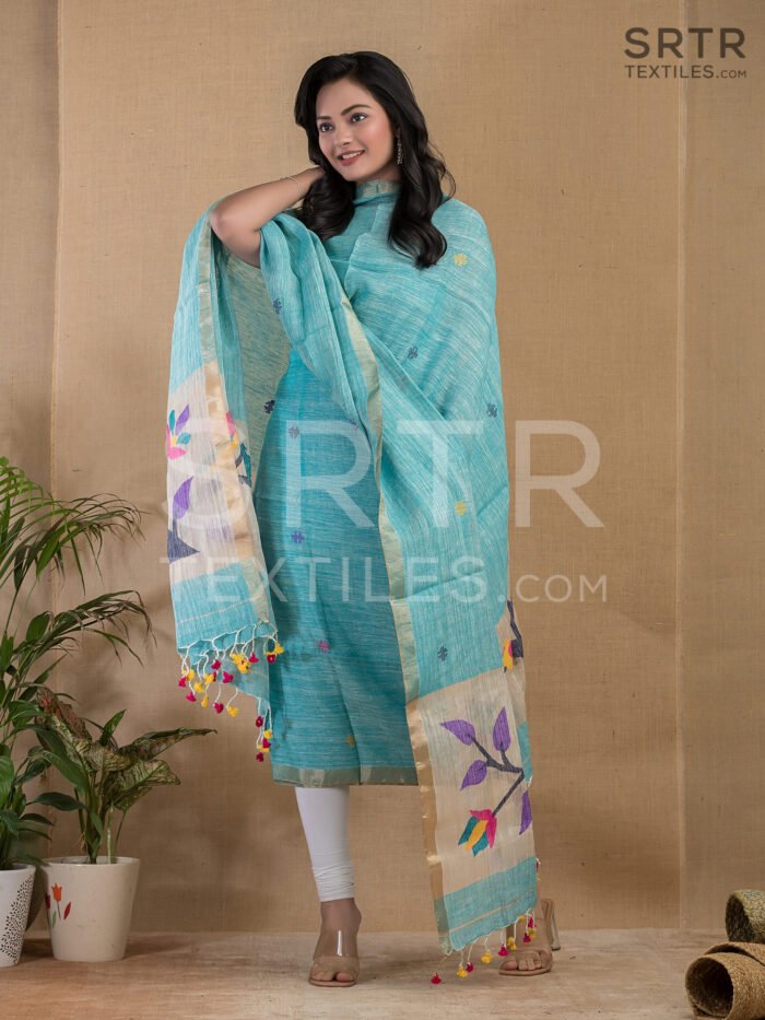 Linen Paithani Suit Set - (UNSTITCHED) Keppel Blue