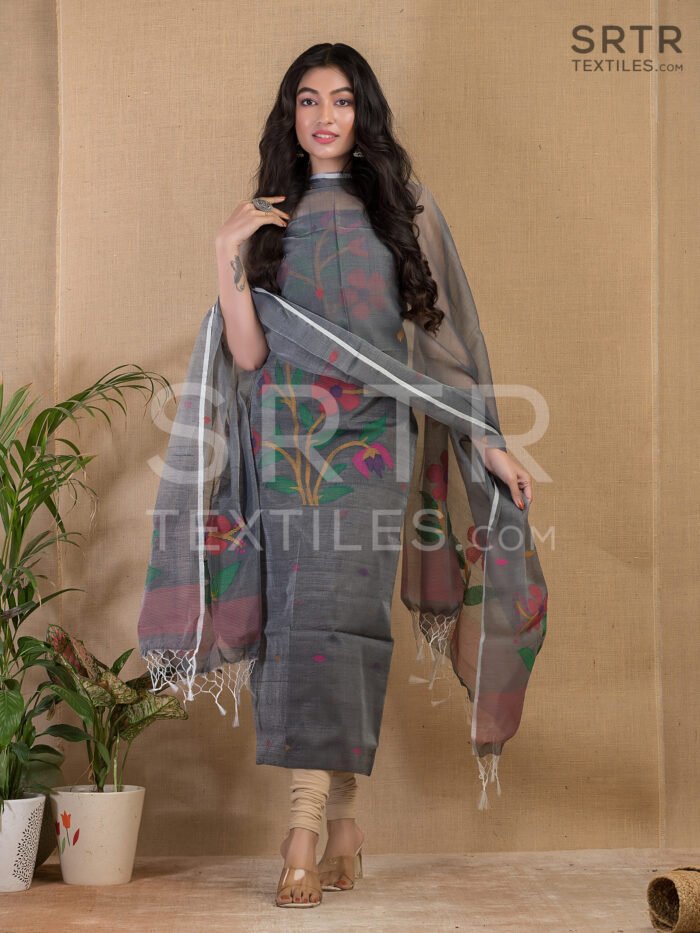 Muslin Unstitched Jamdani Suit – Elegant 2-Piece Set