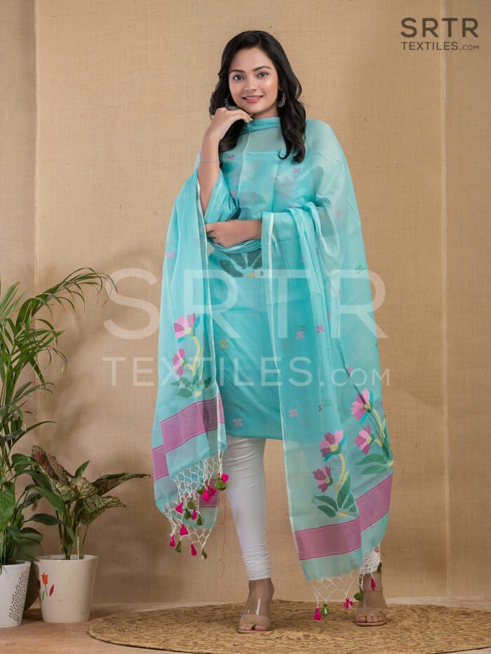 Alternative view of Light Torque Green Muslin Unstitched Jamdani Suit – Elegant 2-Piece Set