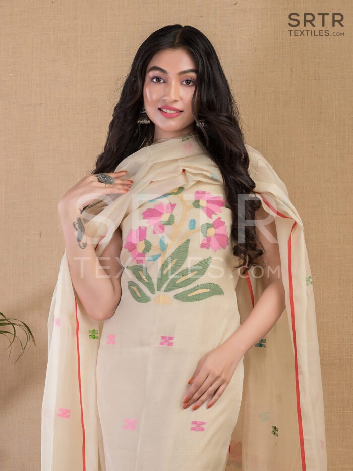 Muslin Unstitched Jamdani Suit – Elegant 2-Piece Set