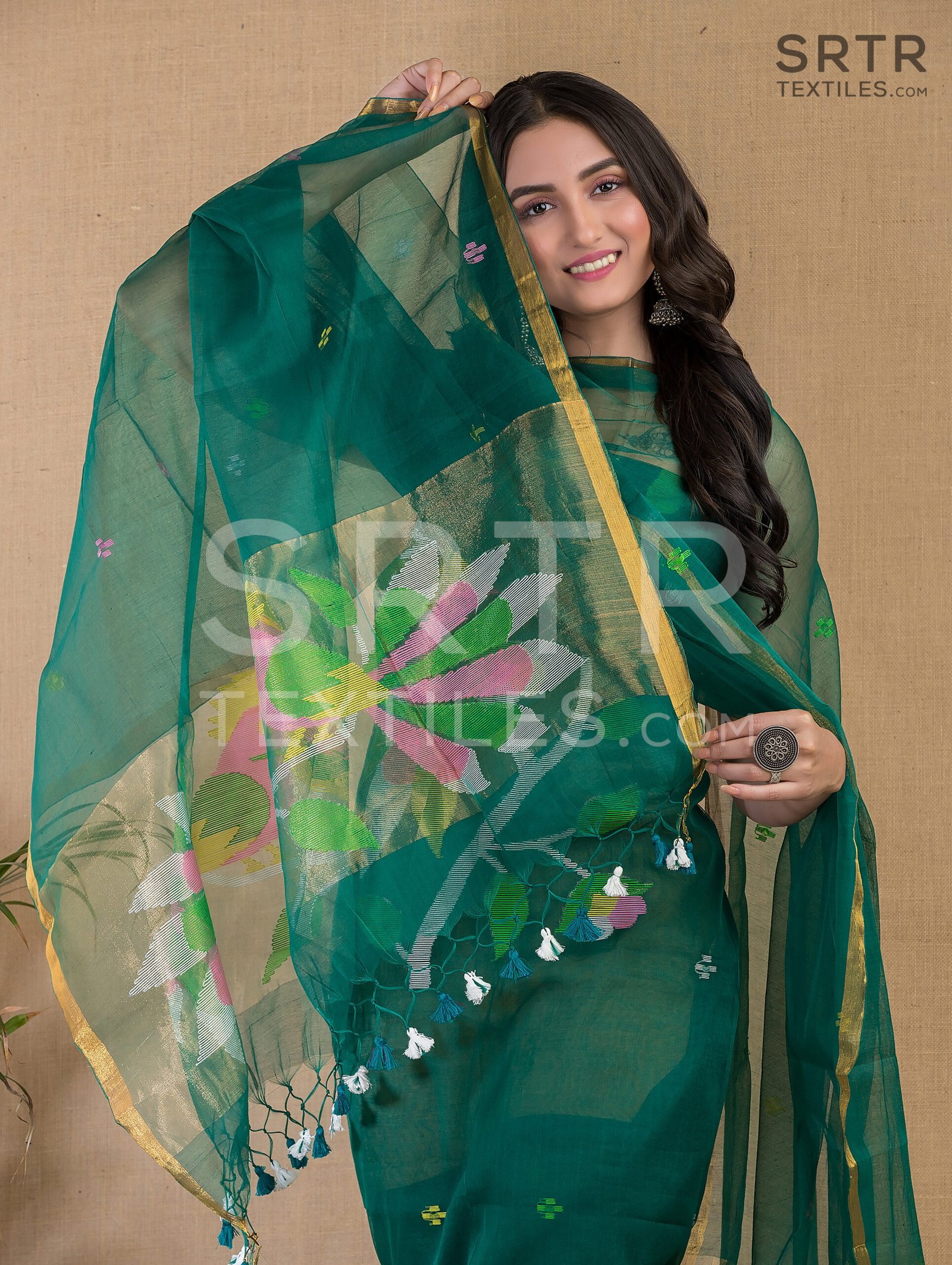 Bottle Green Muslin Unstitched Jamdani Suit – Elegant 2-Piece Set - Image 3