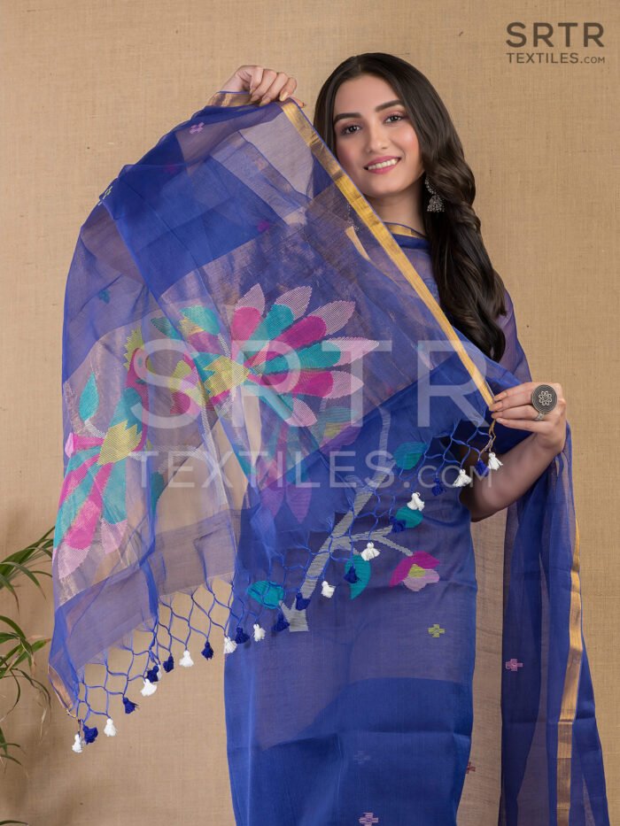 Alternative view of Royal Blue Muslin Unstitched Jamdani Suit – Elegant 2-Piece Set