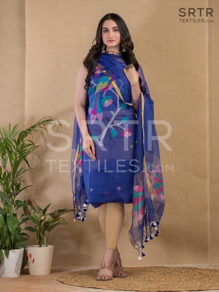 Royal Blue Muslin Unstitched Jamdani Suit – Elegant 2-Piece Set