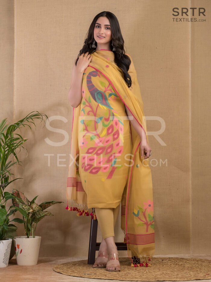 Muslin Unstitched Jamdani Suit – Elegant 2-Piece Set