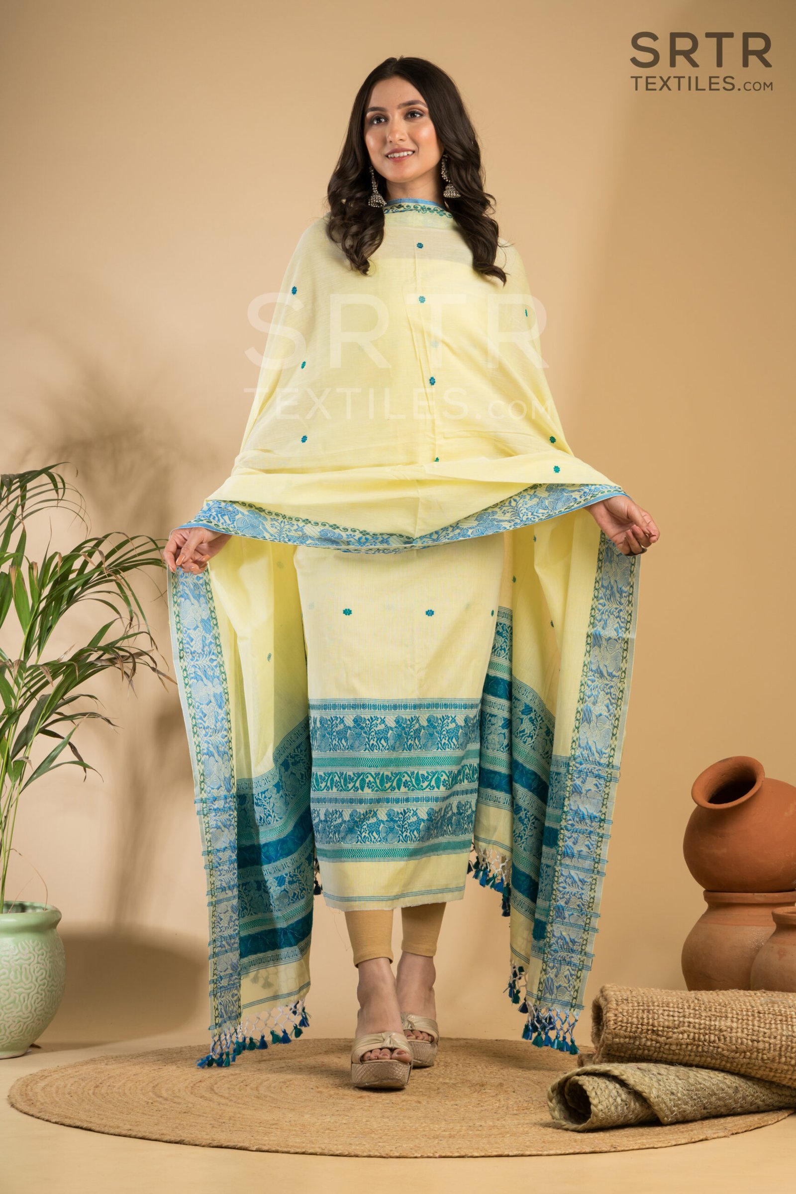 Pure Cotton Lemon Yellow Baluchari Jamdani Suit Set(UNSTITCHED) – Elegant 2-Piece Set - Image 3