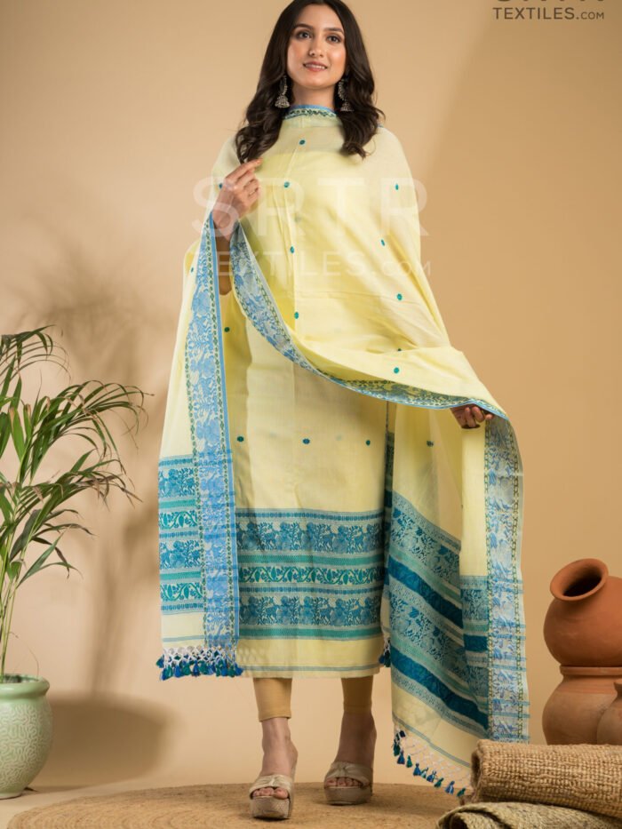 Alternative view of Pure Cotton Lemon Yellow Baluchari Jamdani Suit Set(UNSTITCHED) – Elegant 2-Piece Set