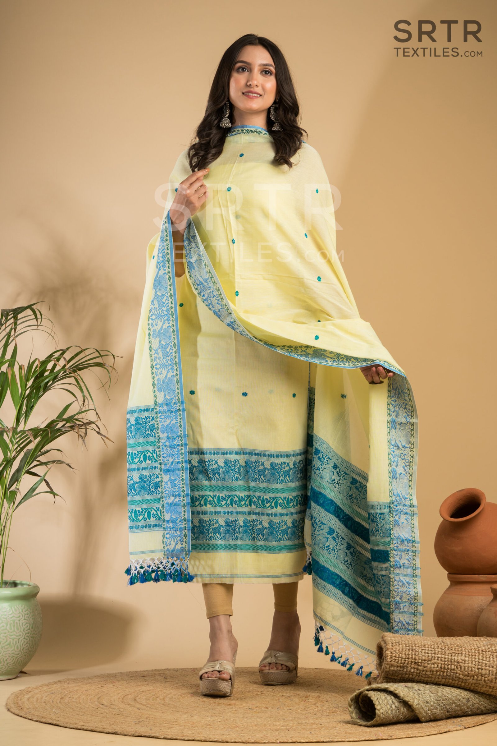 Pure Cotton Lemon Yellow Baluchari Jamdani Suit Set(UNSTITCHED) – Elegant 2-Piece Set - Image 2