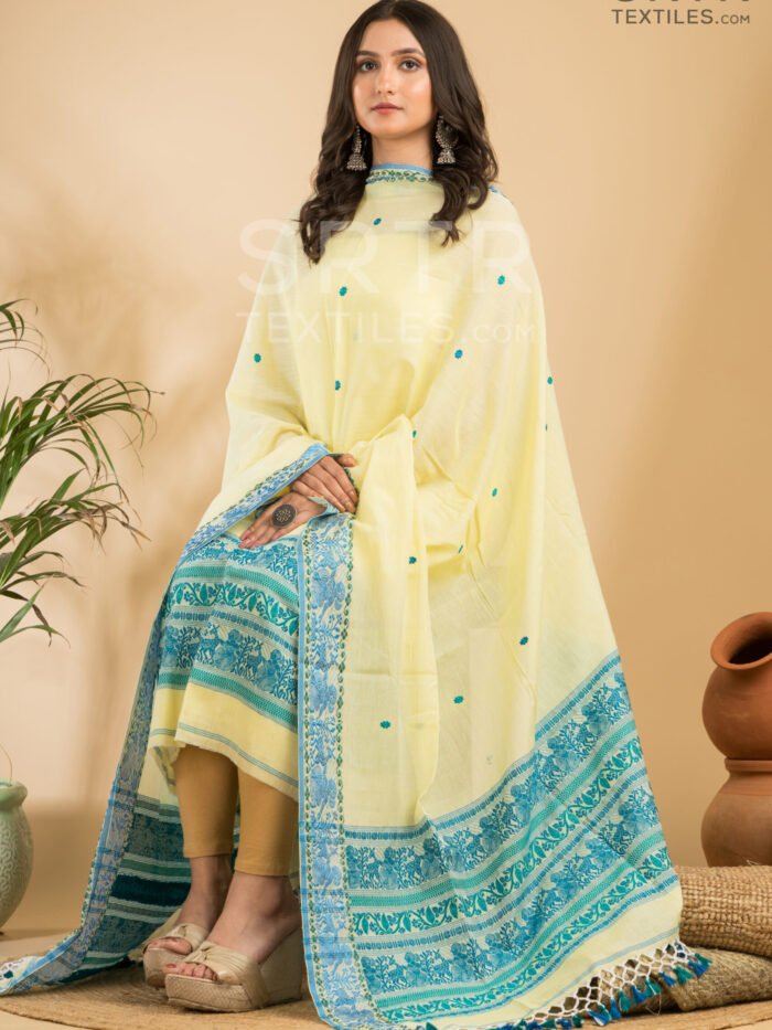 Pure Cotton Lemon Yellow Baluchari Jamdani Suit Set(UNSTITCHED) – Elegant 2-Piece Set