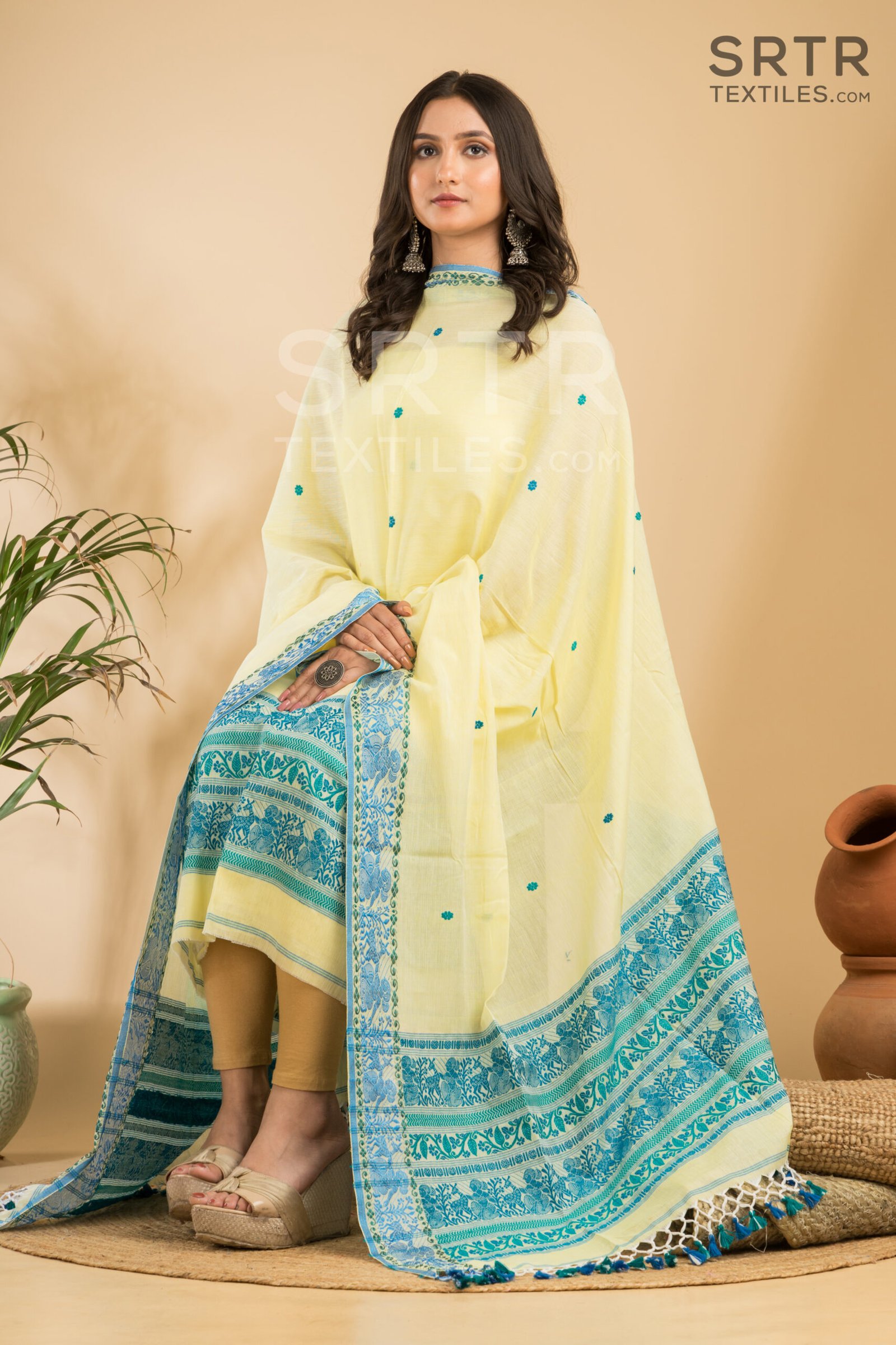 Pure Cotton Lemon Yellow Baluchari Jamdani Suit Set(UNSTITCHED) – Elegant 2-Piece Set