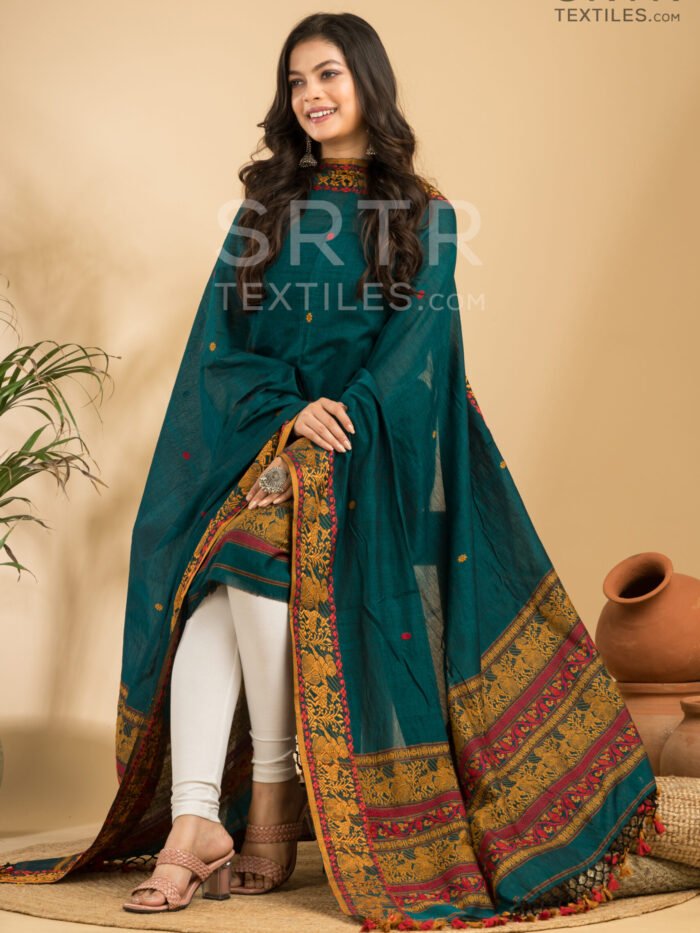 Pure Cotton Army Green Baluchari Jamdani Suit Set(UNSTITCHED)– Elegant 2-Piece Set