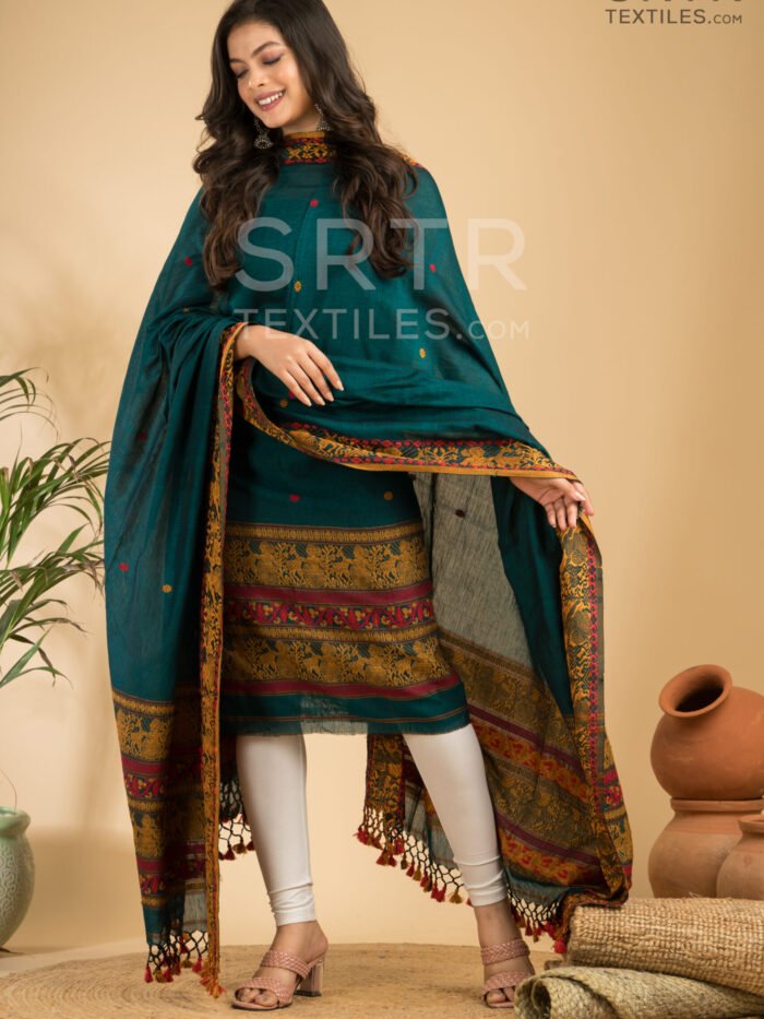 Alternative view of Pure Cotton Army Green Baluchari Jamdani Suit Set(UNSTITCHED)– Elegant 2-Piece Set