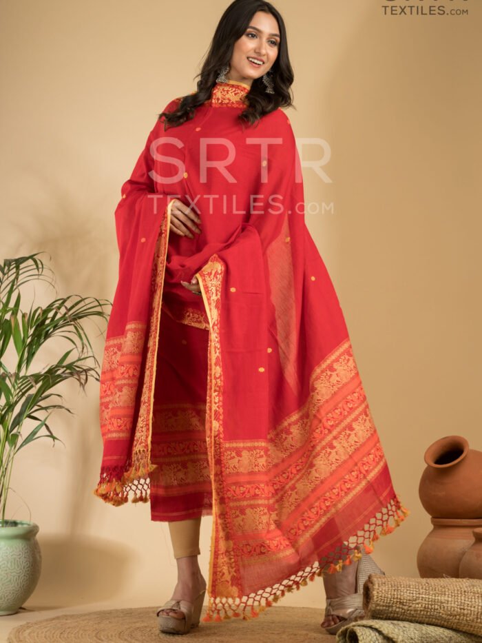 Alternative view of Pure Cotton Scarlet Bloom Baluchari Jamdani Suit Set(UNSTITCHED)– Elegant 2-Piece Set