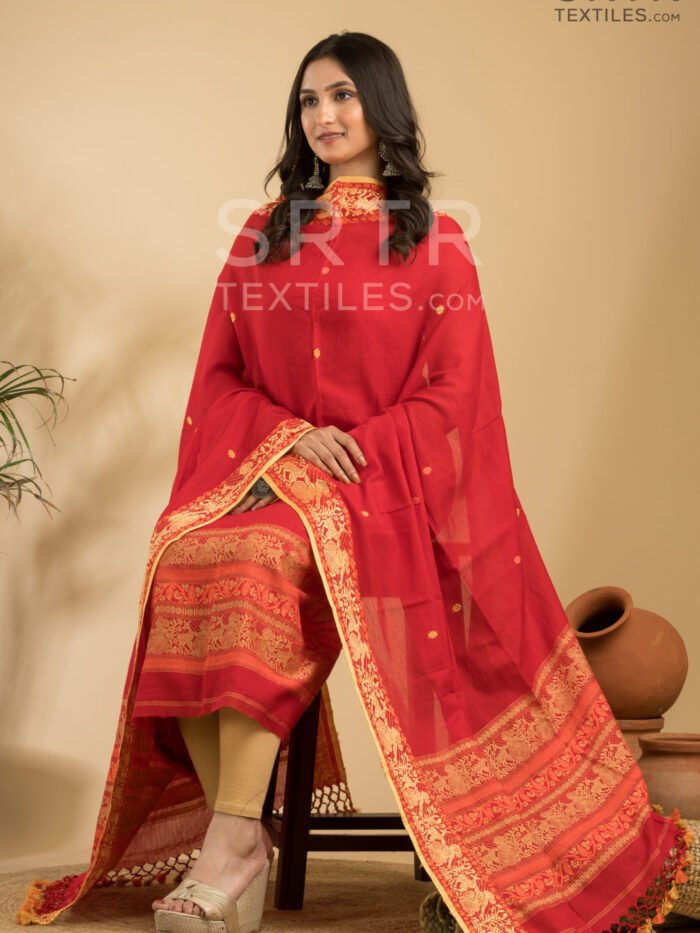 Pure Cotton Scarlet Bloom Baluchari Jamdani Suit Set(UNSTITCHED)– Elegant 2-Piece Set