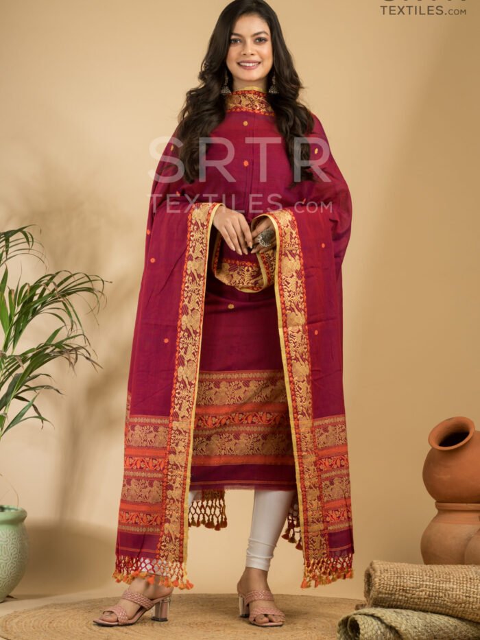 Alternative view of Pure Cotton Royal Maroon Baluchari Jamdani Suit Set(UNSTITCHED)– Elegant 2-Piece Set