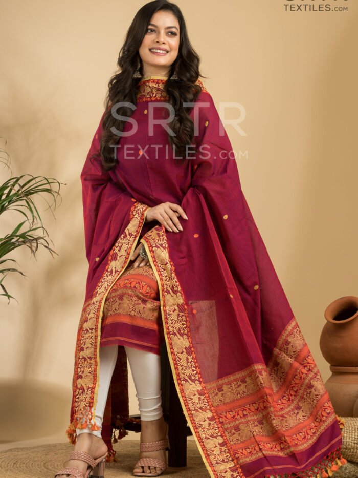 Pure Cotton Royal Maroon Baluchari Jamdani Suit Set(UNSTITCHED)– Elegant 2-Piece Set