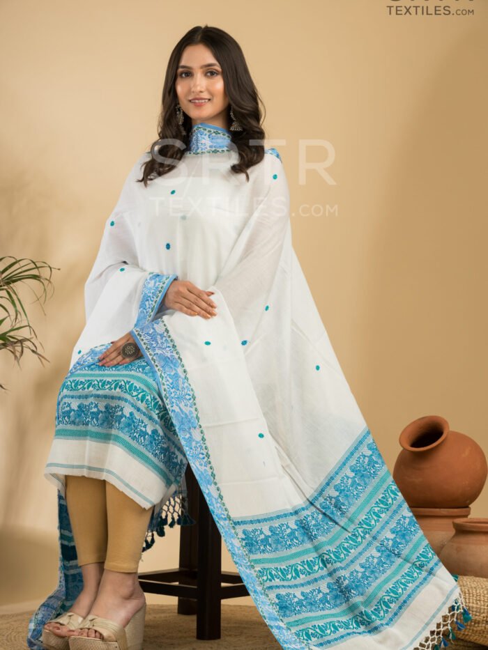Pure Cotton White &amp Blue Baluchari Jamdani Suit Set(UNSTITCHED)– Elegant 2-Piece Set