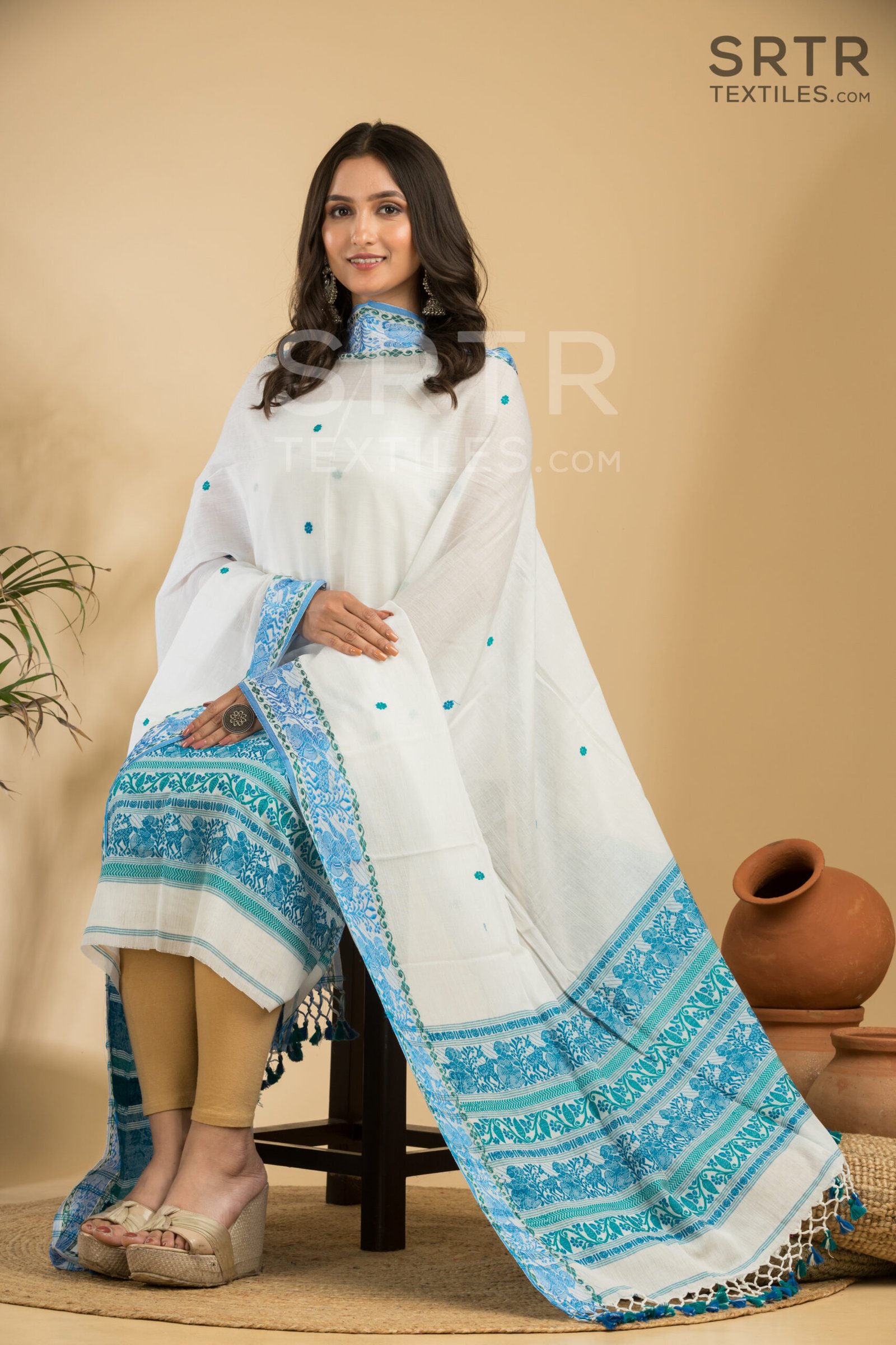 Pure Cotton White & Blue Baluchari Jamdani Suit Set(UNSTITCHED)– Elegant 2-Piece Set