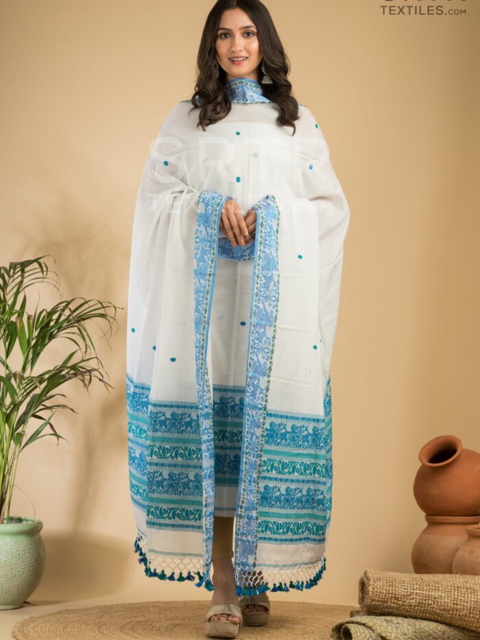 Alternative view of Pure Cotton White &amp Blue Baluchari Jamdani Suit Set(UNSTITCHED)– Elegant 2-Piece Set