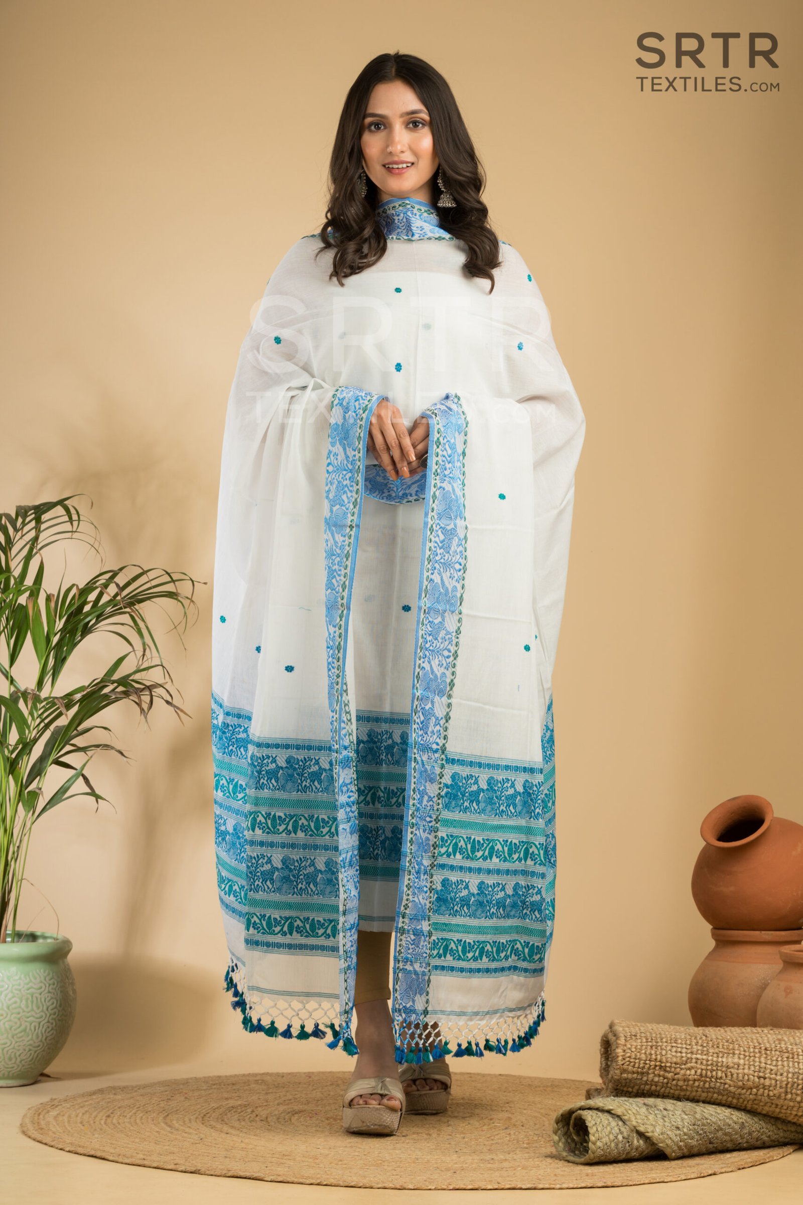 Pure Cotton White & Blue Baluchari Jamdani Suit Set(UNSTITCHED)– Elegant 2-Piece Set - Image 2