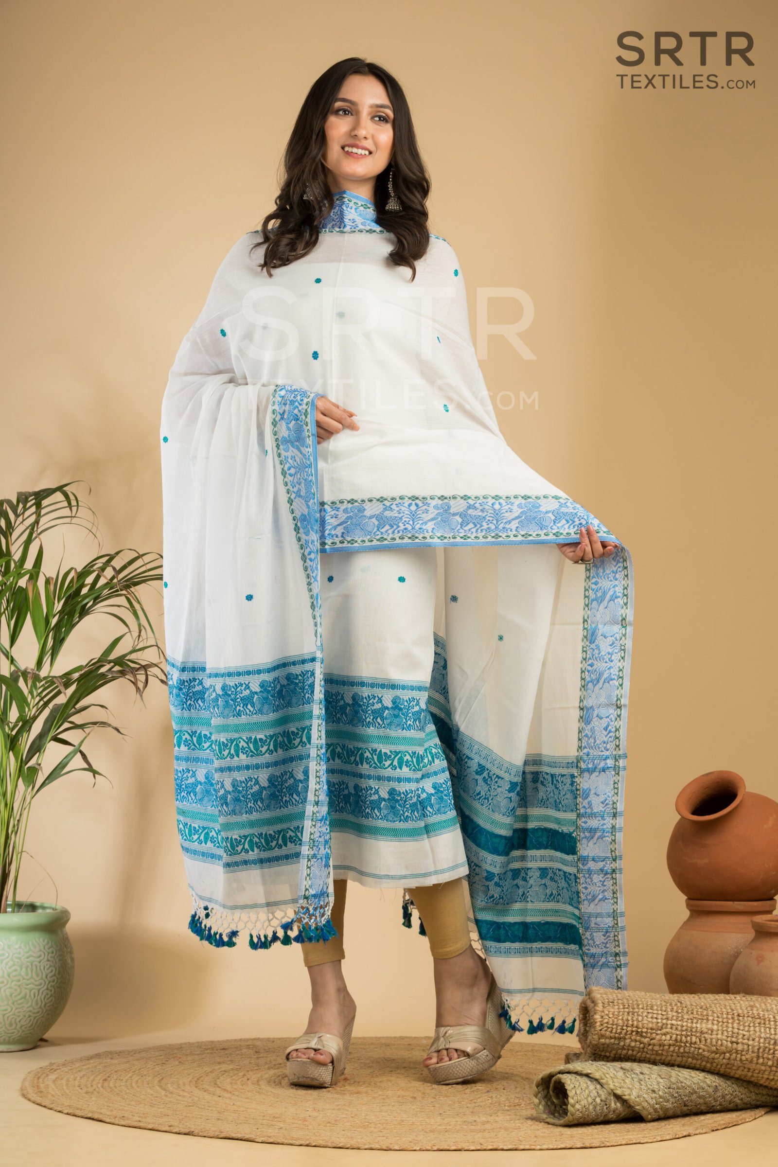 Pure Cotton White & Blue Baluchari Jamdani Suit Set(UNSTITCHED)– Elegant 2-Piece Set - Image 3