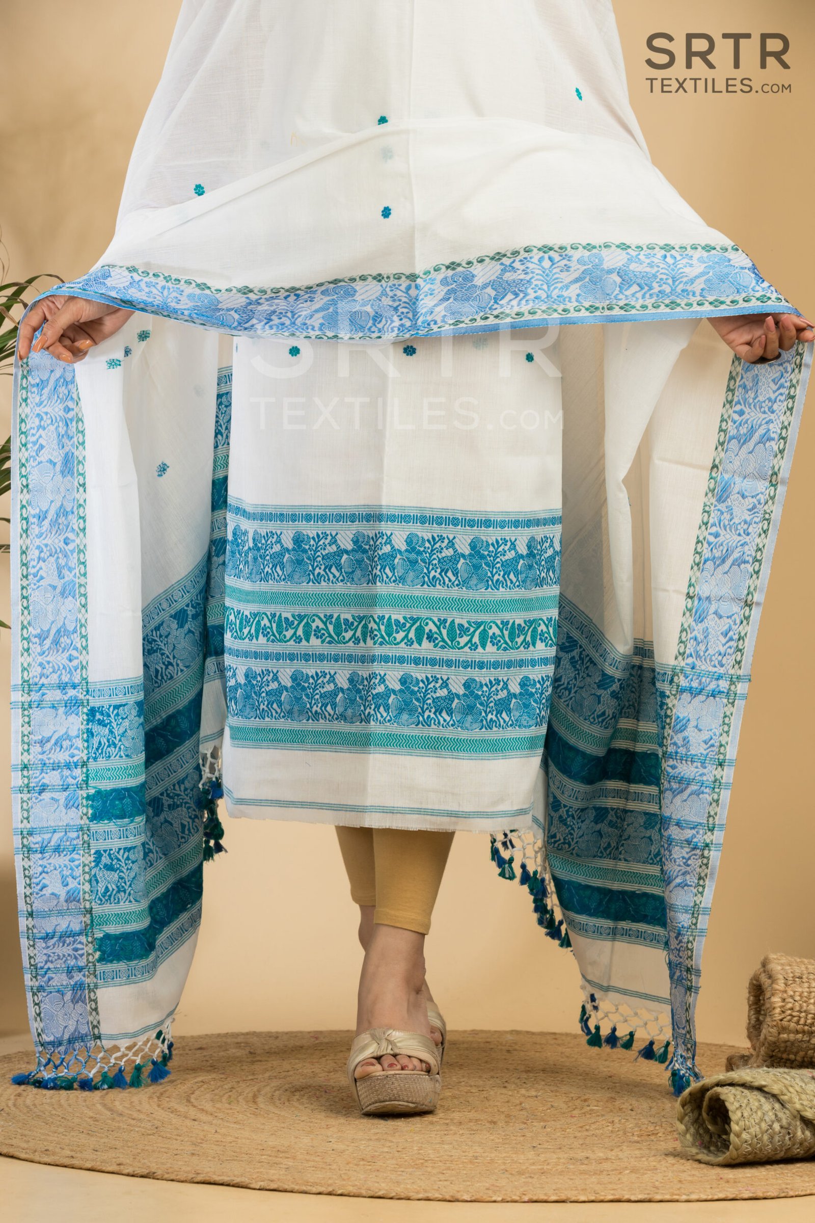 Pure Cotton White & Blue Baluchari Jamdani Suit Set(UNSTITCHED)– Elegant 2-Piece Set - Image 4
