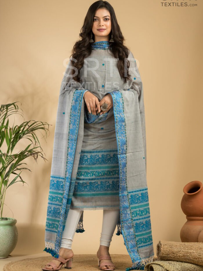 Alternative view of Pure Cotton Silver Mist: Grey & Blue Baluchari Jamdani Suit Set(UNSTITCHED)– Elegant 2-Piece Set