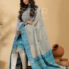 Pure Cotton Silver Mist: Grey & Blue Baluchari Jamdani Suit Set(UNSTITCHED)– Elegant 2-Piece Set