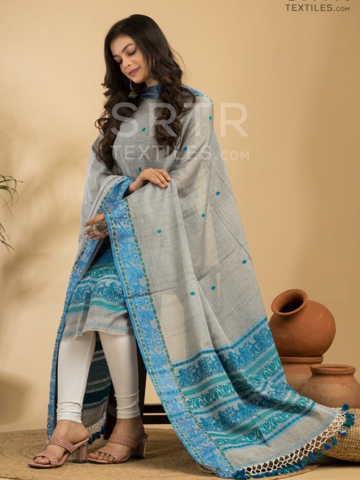 Pure Cotton Silver Mist: Grey & Blue Baluchari Jamdani Suit Set(UNSTITCHED)– Elegant 2-Piece Set