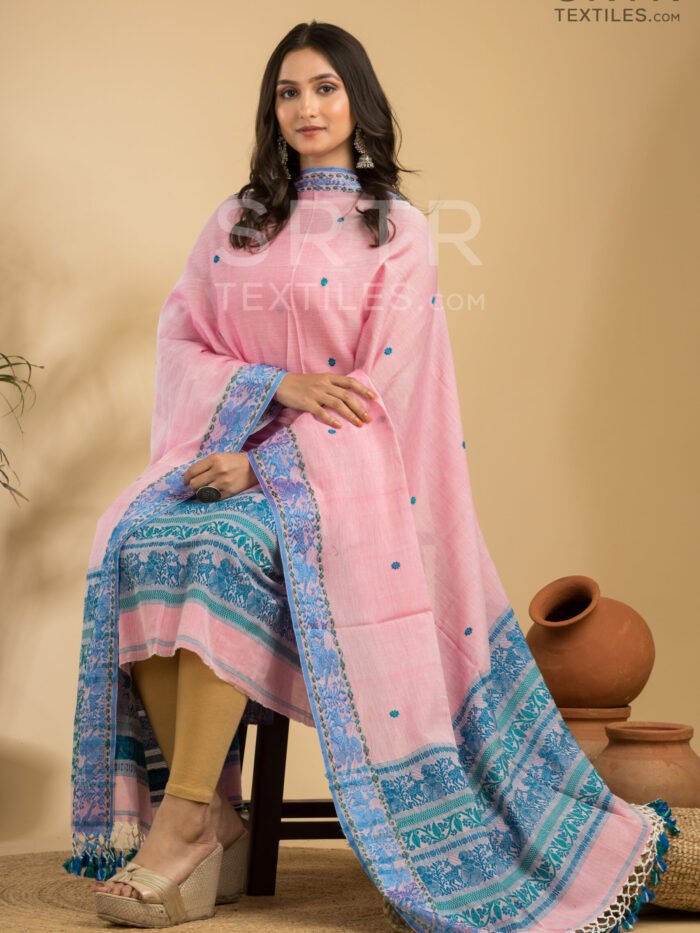 Pure Cotton Blush Breeze: Pink & Blue Baluchari Jamdani Suit Set(UNSTITCHED)– Elegant 2-Piece Set