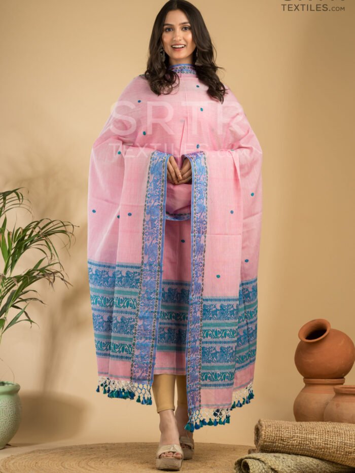 Alternative view of Pure Cotton Blush Breeze: Pink & Blue Baluchari Jamdani Suit Set(UNSTITCHED)– Elegant 2-Piece Set