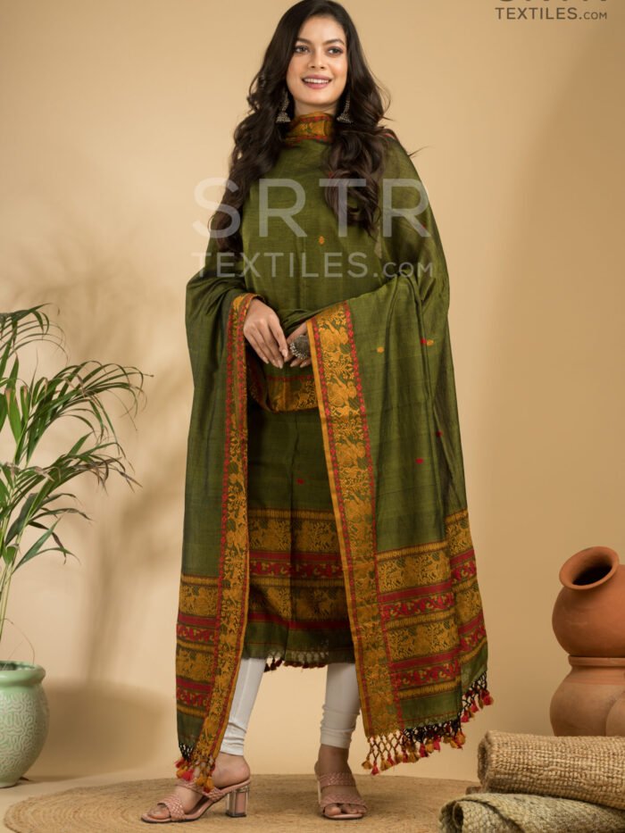 Alternative view of Pure Cotton Heritage Bloom: Olive Green Baluchari Jamdani Suit Set(UNSTITCHED)– Elegant 2-Piece Set