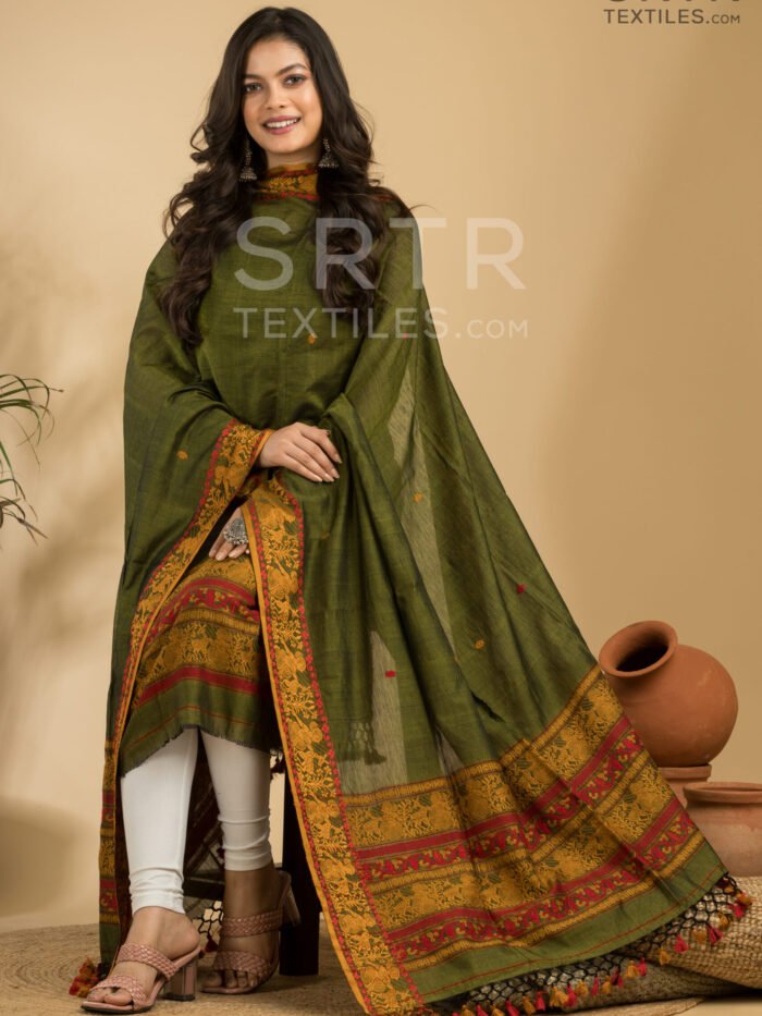 Pure Cotton Heritage Bloom: Olive Green Baluchari Jamdani Suit Set(UNSTITCHED)– Elegant 2-Piece Set