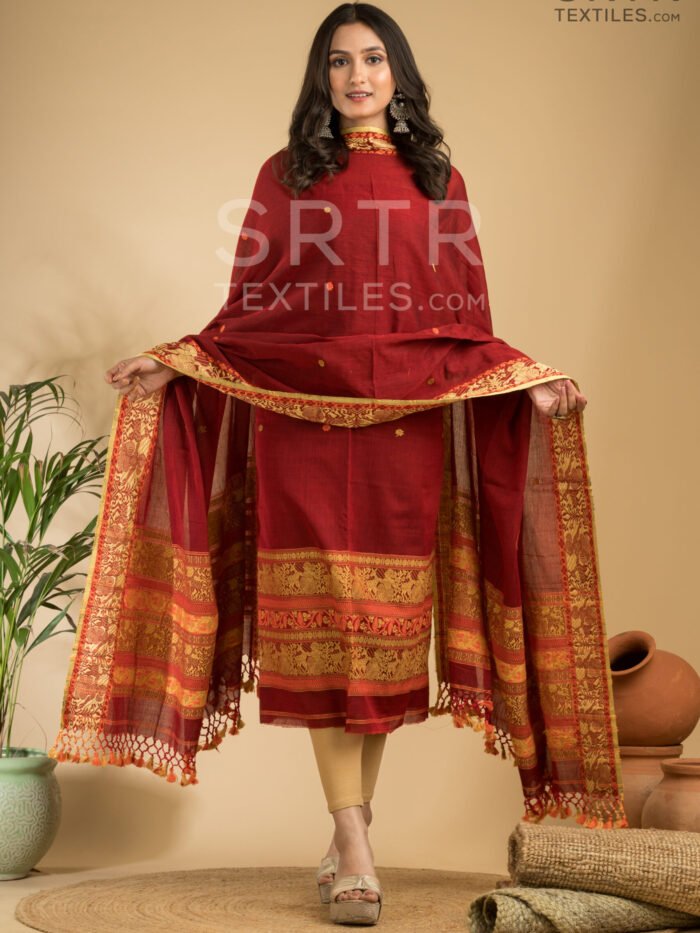 Alternative view of Pure cotton Deep Maroon Baluchari Jamdani Suit Set(UNSTITCHED)– Elegant 2-Piece Set