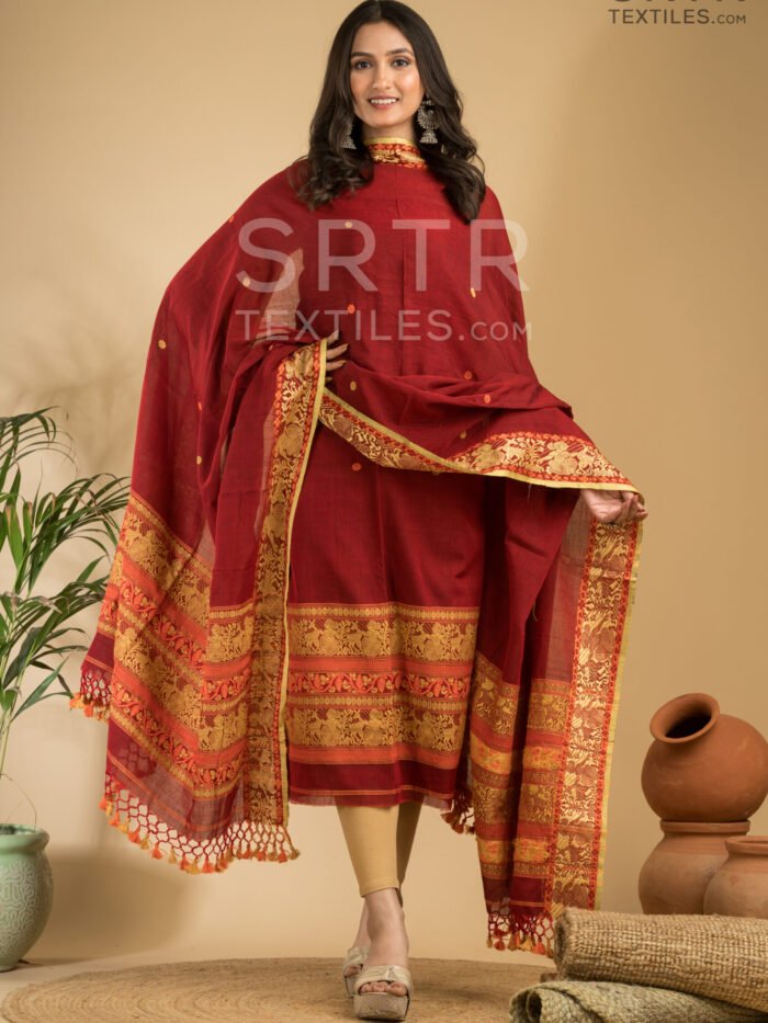 Pure cotton Deep Maroon Baluchari Jamdani Suit Set(UNSTITCHED)– Elegant 2-Piece Set