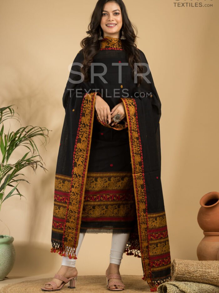Alternative view of Pure cotton Deep black Baluchari Jamdani Suit Set(UNSTITCHED)– Elegant 2-Piece Set