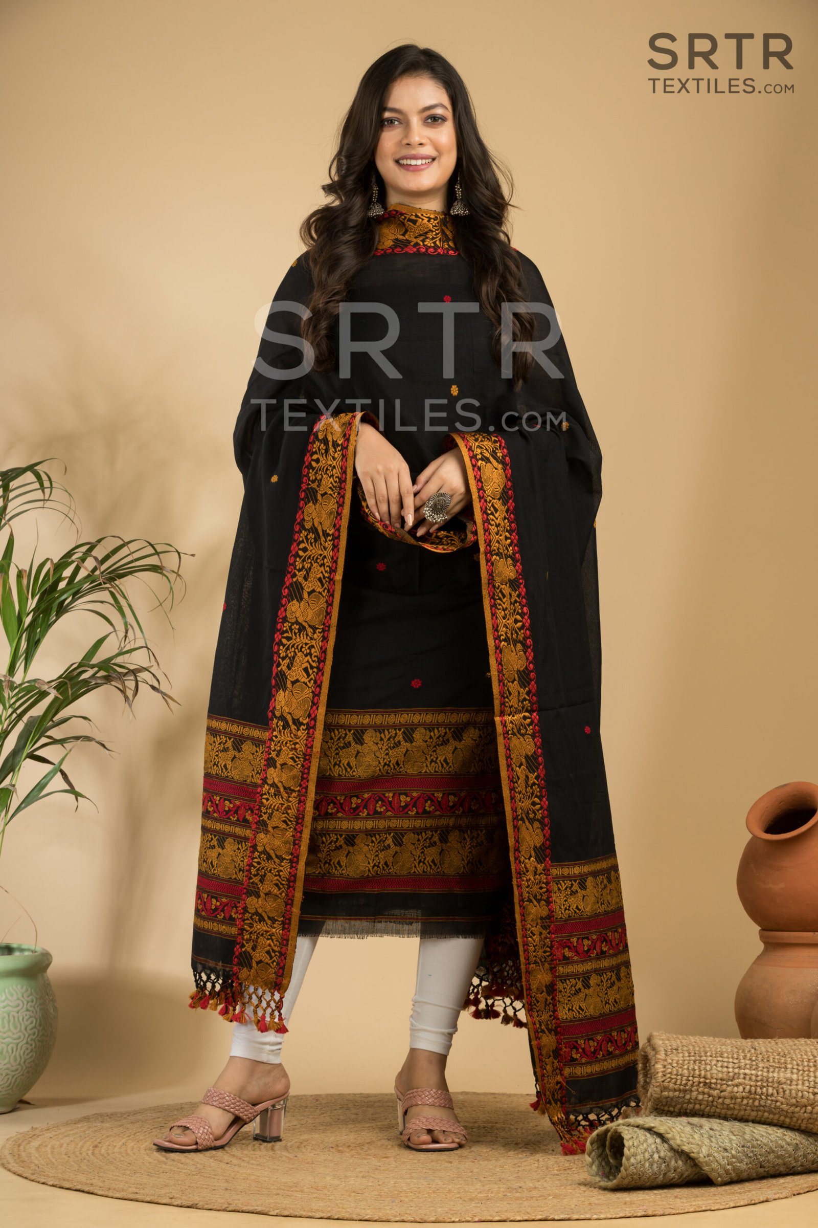 Pure cotton Deep black Baluchari Jamdani Suit Set(UNSTITCHED)– Elegant 2-Piece Set - Image 2