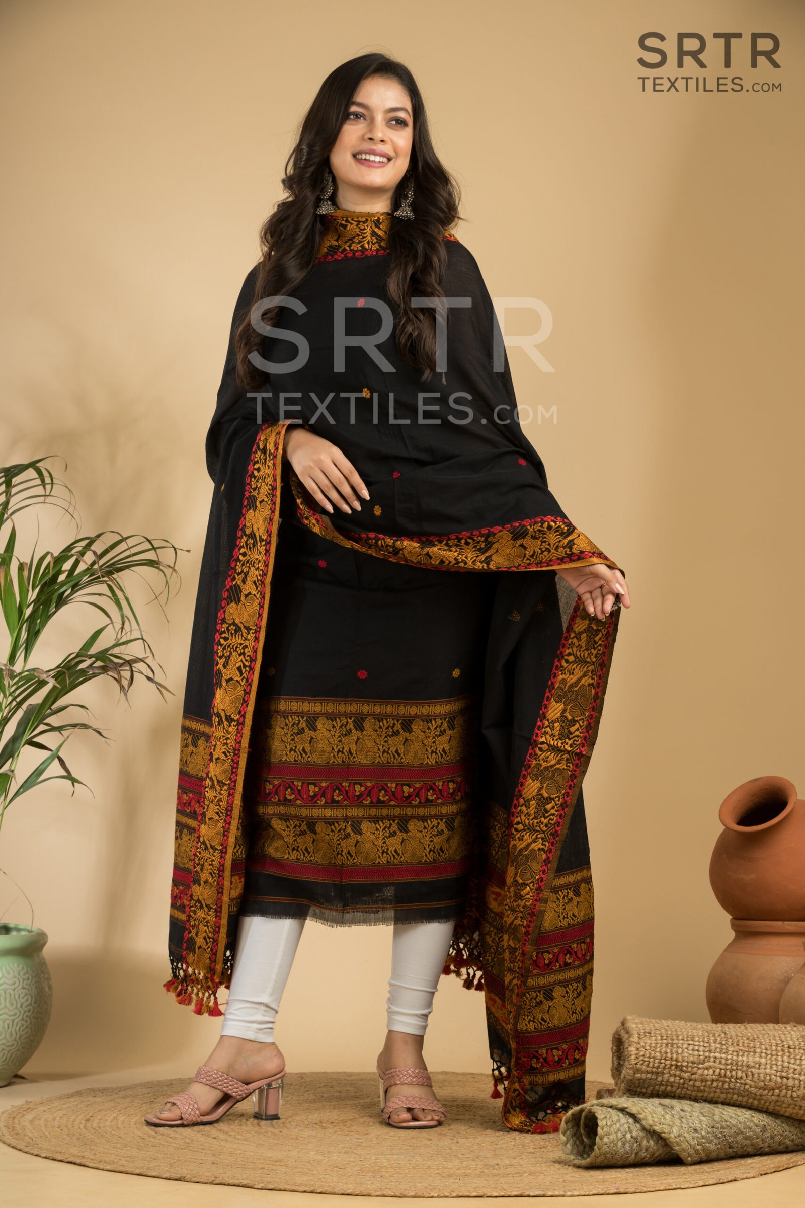 Pure cotton Deep black Baluchari Jamdani Suit Set(UNSTITCHED)– Elegant 2-Piece Set - Image 4