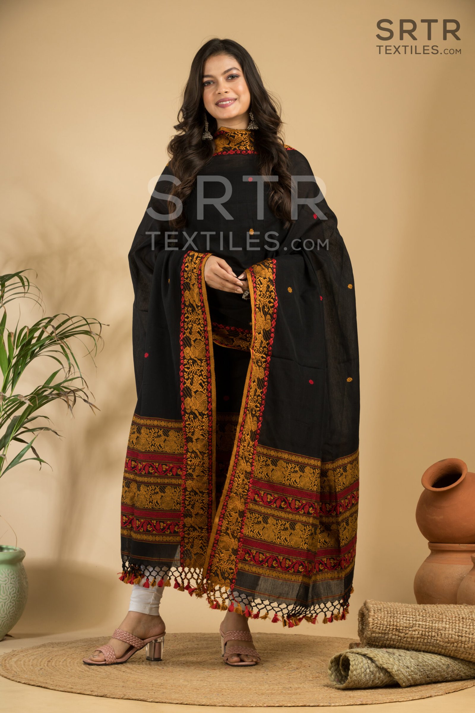 Pure cotton Deep black Baluchari Jamdani Suit Set(UNSTITCHED)– Elegant 2-Piece Set - Image 3