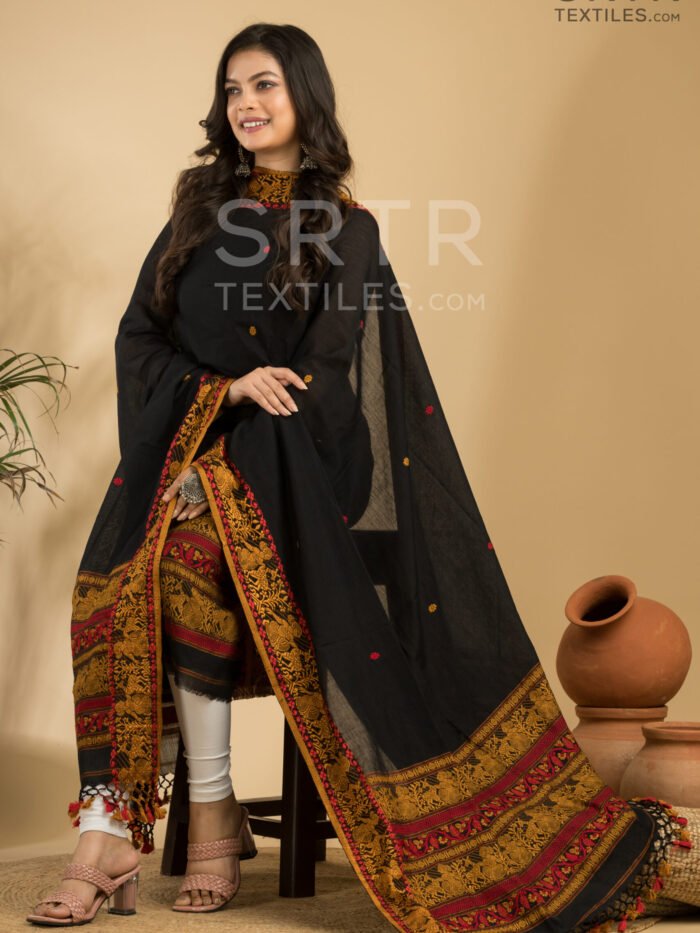 Pure cotton Deep black Baluchari Jamdani Suit Set(UNSTITCHED)– Elegant 2-Piece Set