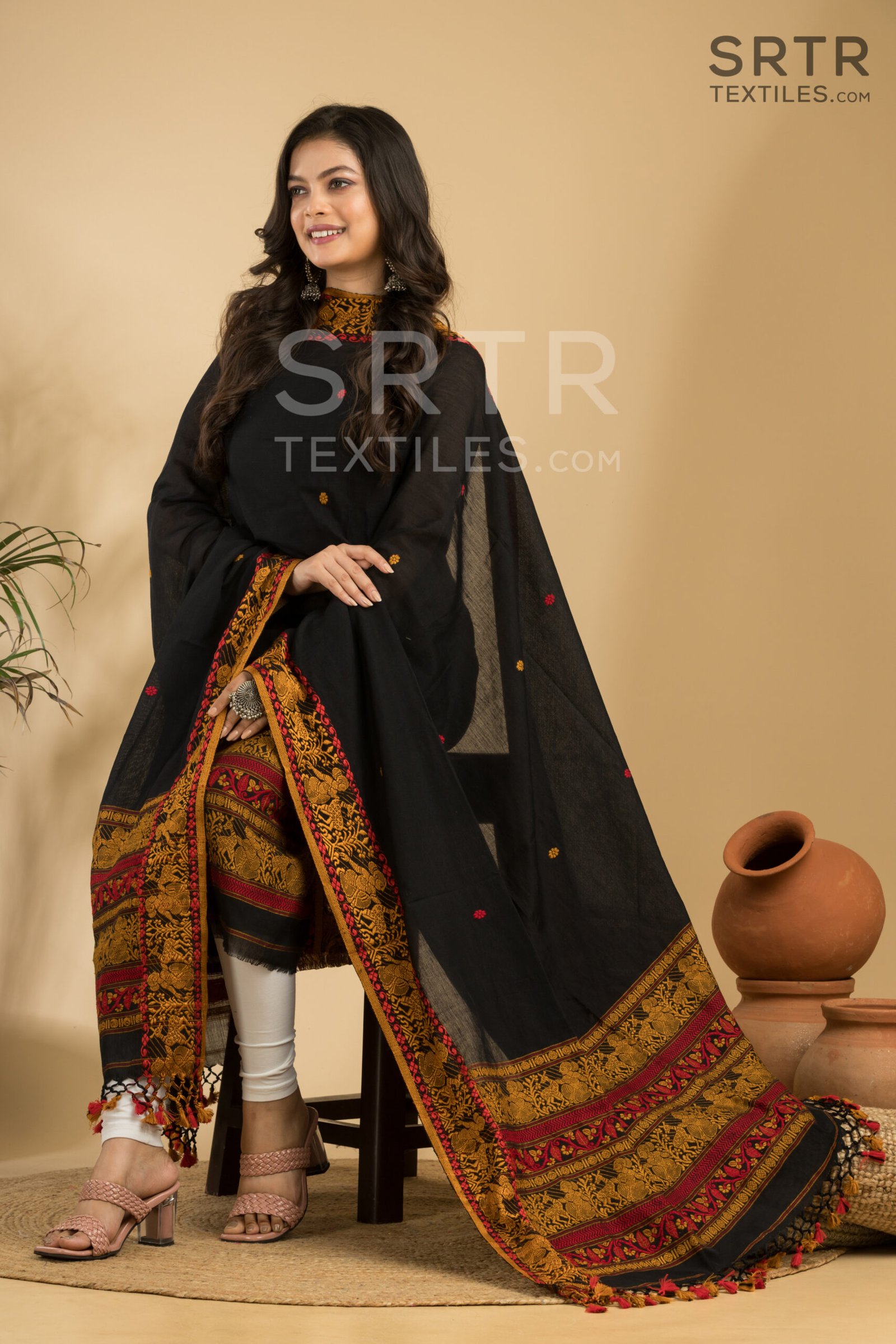Pure cotton Deep black Baluchari Jamdani Suit Set(UNSTITCHED)– Elegant 2-Piece Set