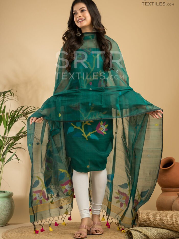 Alternative view of Pine Green Muslin Unstitched Jamdani Suit – Elegant 2-Piece Set
