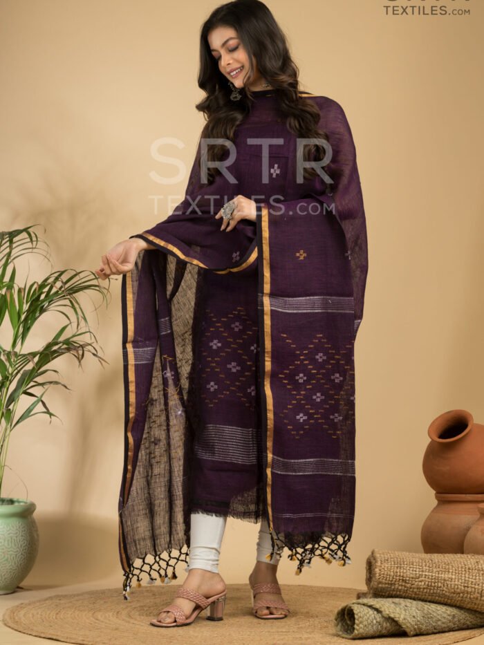 Alternative view of Pure Linen Unstitched Jamdani Suit – Elegant 2-Piece Set