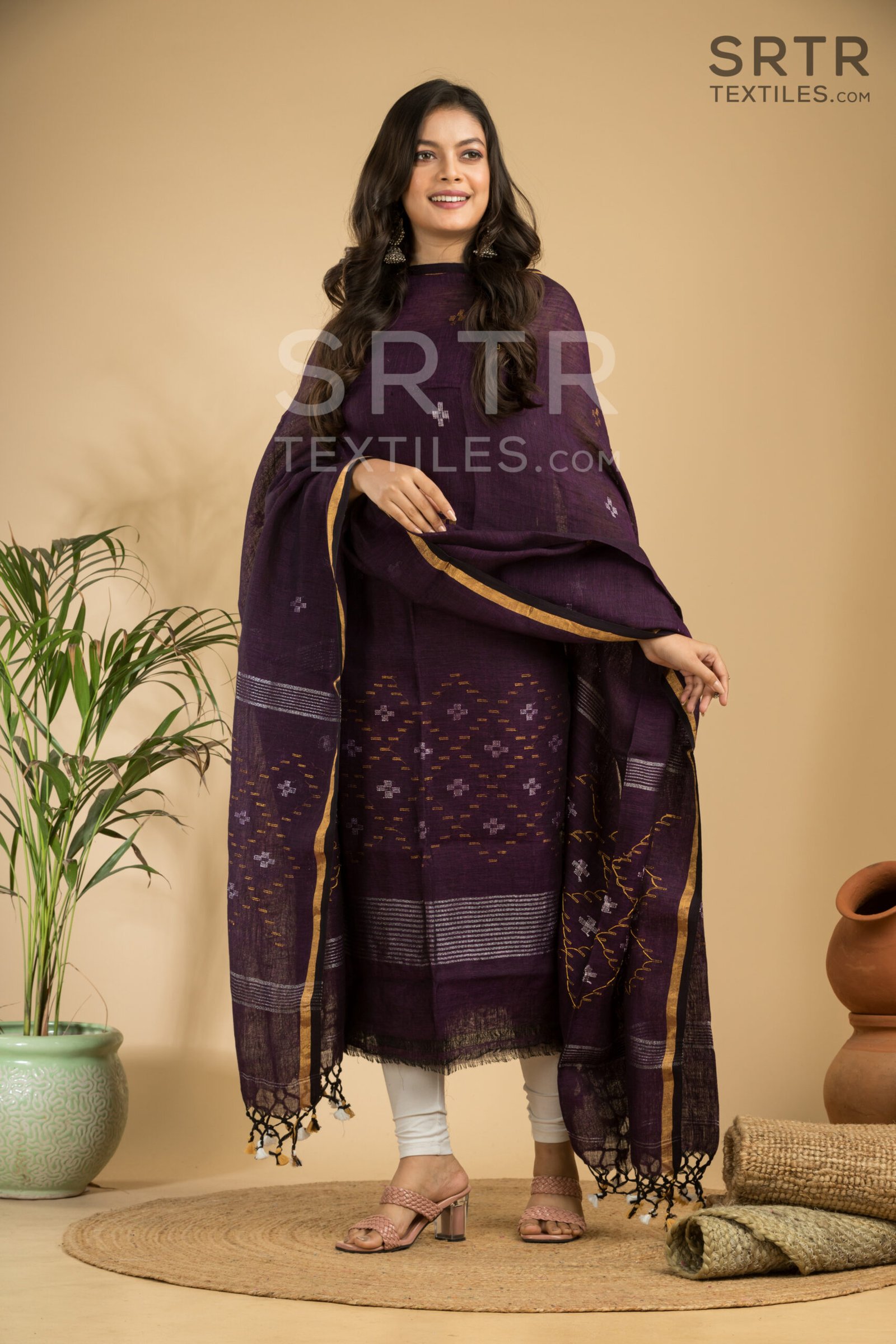 Pure Linen Unstitched Jamdani Suit – Elegant 2-Piece Set - Image 3