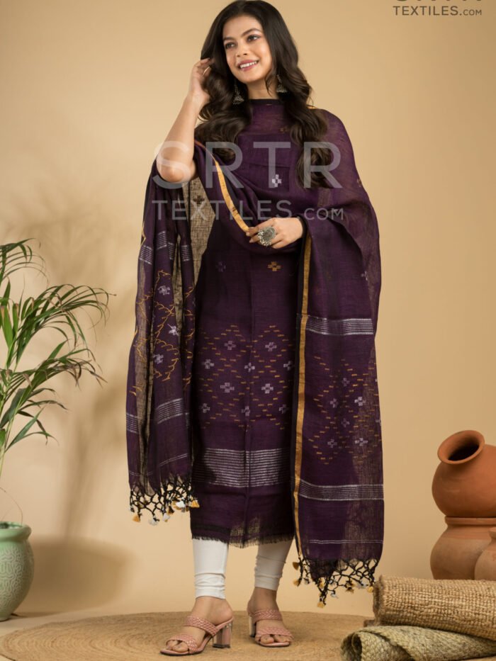 Pure Linen Unstitched Jamdani Suit – Elegant 2-Piece Set