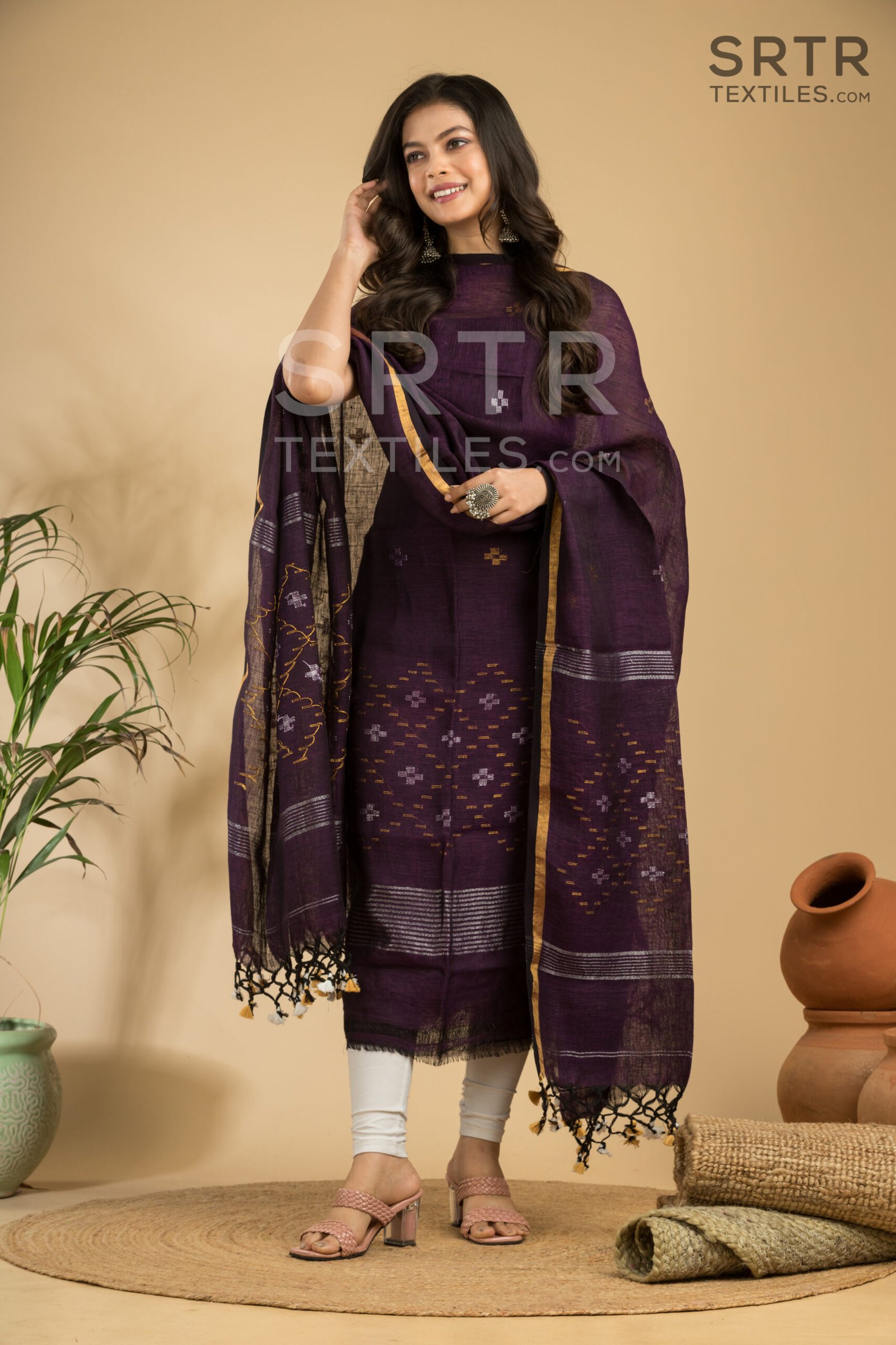 Pure Linen Unstitched Jamdani Suit – Elegant 2-Piece Set