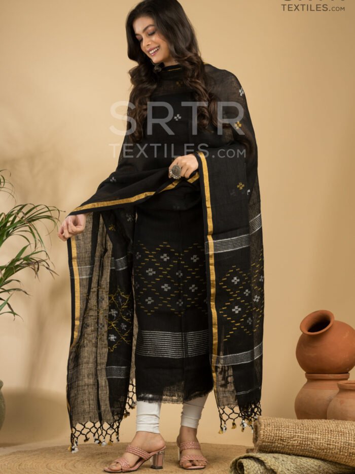 Alternative view of Pure Linen Unstitched Jamdani Suit – Elegant 2-Piece Set