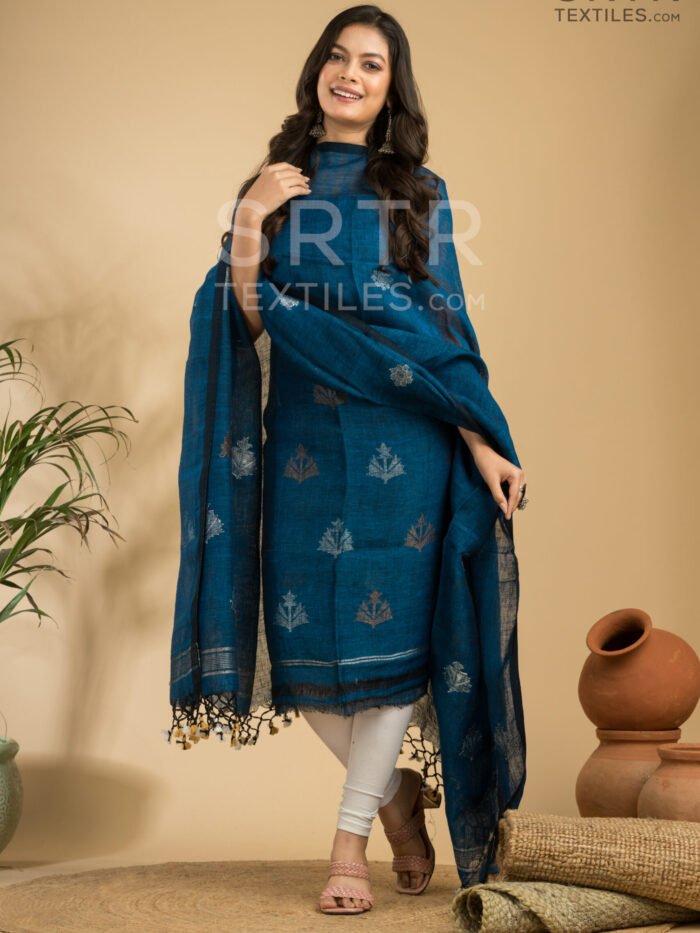 Pure Linen Unstitched Jamdani Suit – Elegant 2-Piece Set